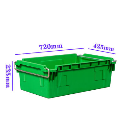 kupować Przemysłowa skrzynia z plastiku z metalowymi ramionami huśtawkowymi 45L Skrzynia do przechowywania PP 720×425×235mm Producent OEM produkcja online